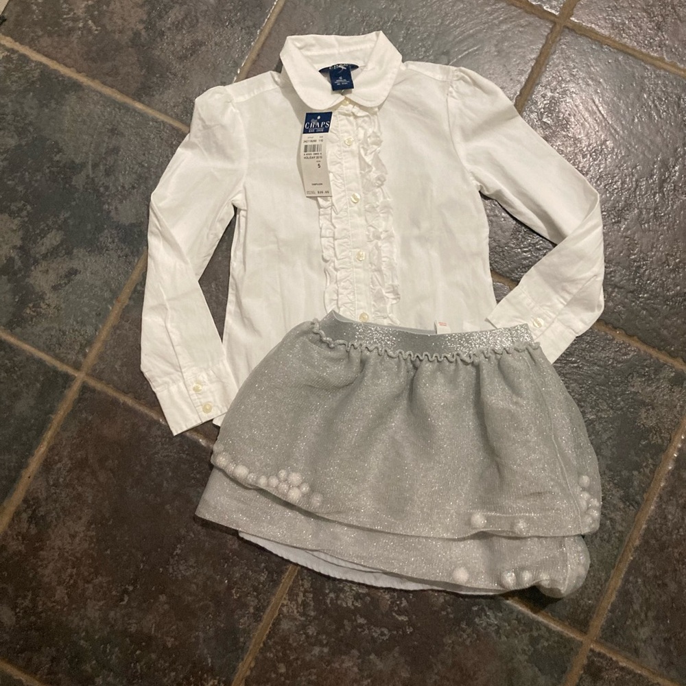 White Ruffled Shirt and Silver Skirt Set Girls Size 5